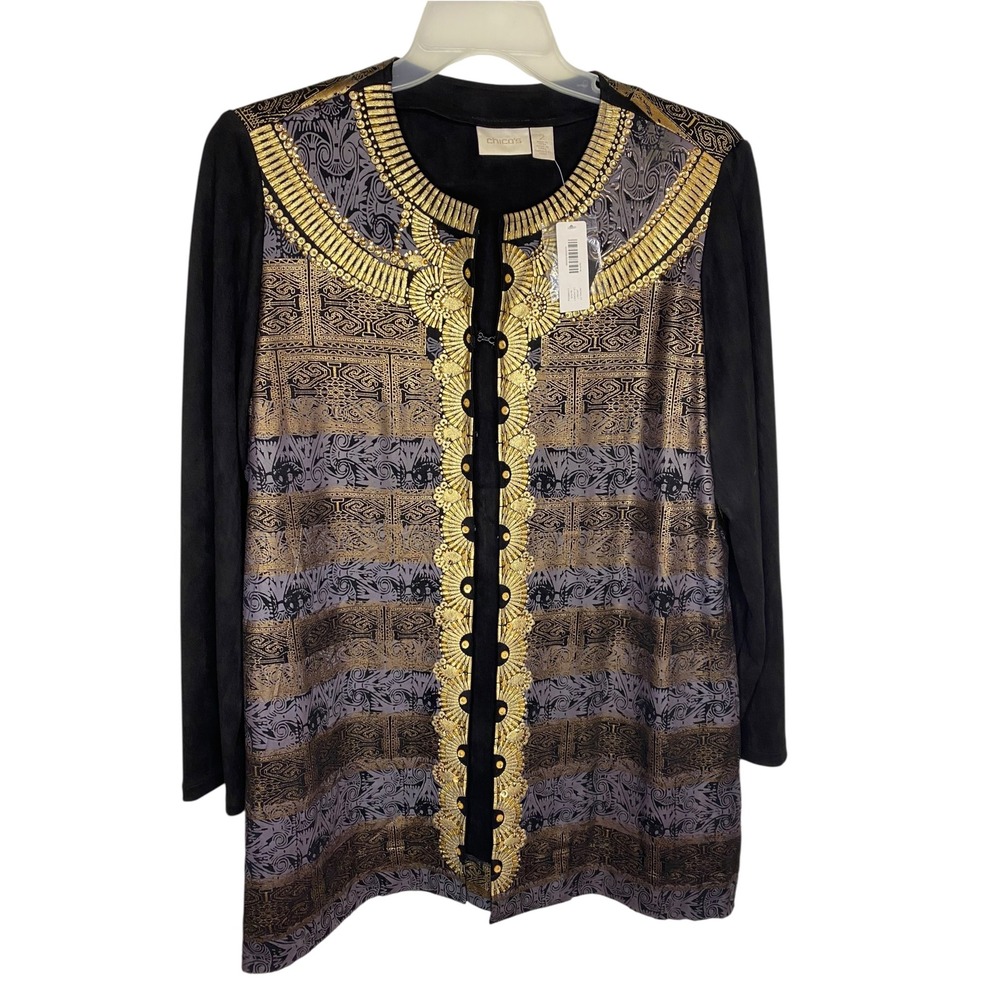 Chicos Tunic Black Gold Metallic Mosaic Beaded Size 2 NWT New